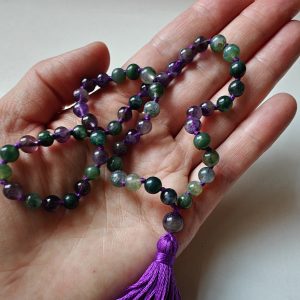 54 bead Mala of 6mm Amethyst & Green Moss Agate