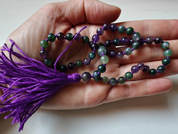 54 bead Mala of 6mm Amethyst & Green Moss Agate - Image 14