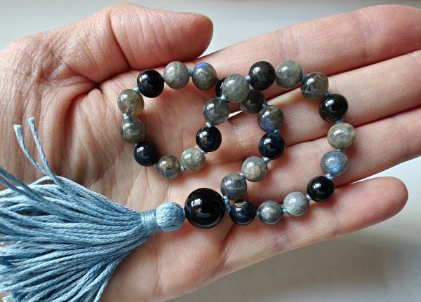 27 bead 8mm Labradorite & Blue Tiger's Eye Mala with Black Onyx Guru Bead