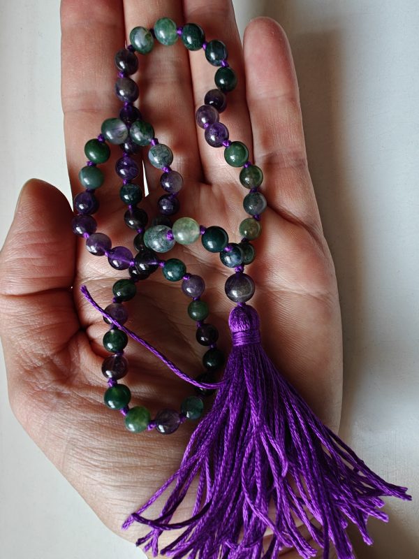 54 bead Mala of 6mm Amethyst & Green Moss Agate - Image 10