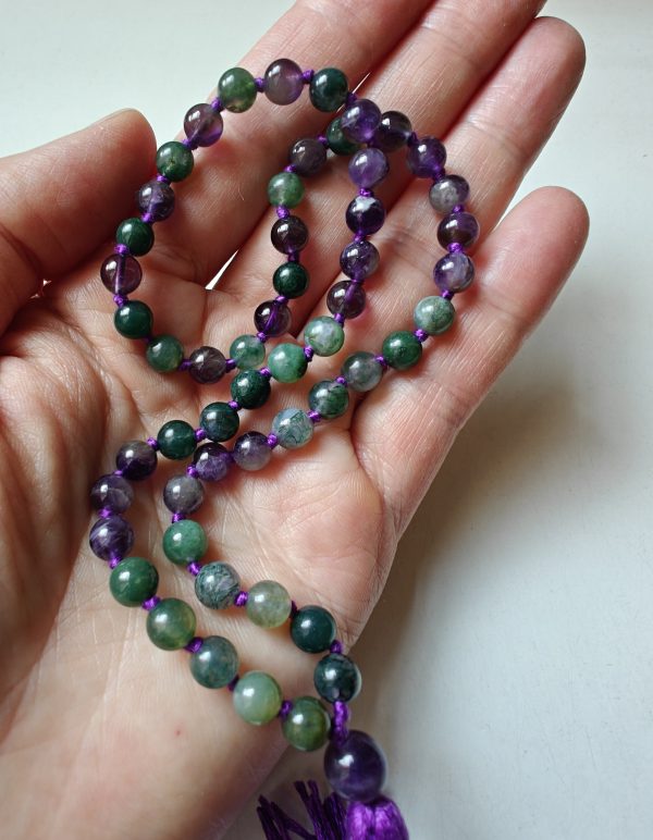 54 bead Mala of 6mm Amethyst & Green Moss Agate - Image 4