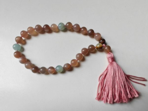 27 bead 8mm Peach Moonstone & Argentina Blue Lemurian Aquatine Calcite Mala - Image 9