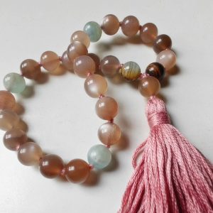 27 bead 8mm Peach Moonstone & Argentina Blue Lemurian Aquatine Calcite Mala