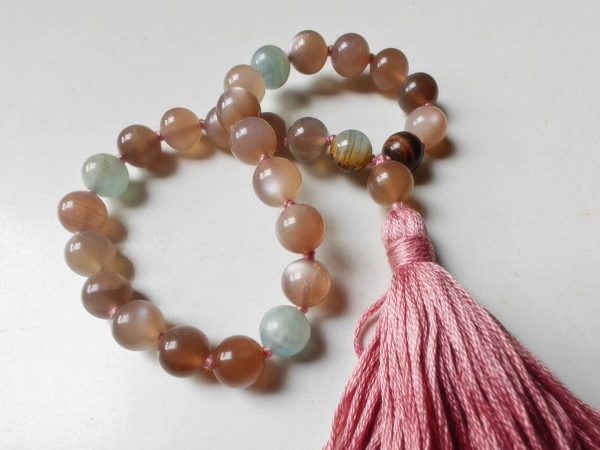 27 bead 8mm Peach Moonstone & Argentina Blue Lemurian Aquatine Calcite Mala