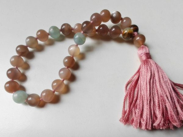 27 bead 8mm Peach Moonstone & Argentina Blue Lemurian Aquatine Calcite Mala - Image 3