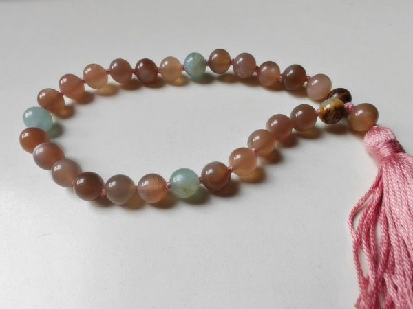 27 bead 8mm Peach Moonstone & Argentina Blue Lemurian Aquatine Calcite Mala - Image 8