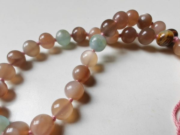 27 bead 8mm Peach Moonstone & Argentina Blue Lemurian Aquatine Calcite Mala - Image 7