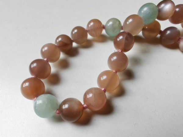 27 bead 8mm Peach Moonstone & Argentina Blue Lemurian Aquatine Calcite Mala - Image 6