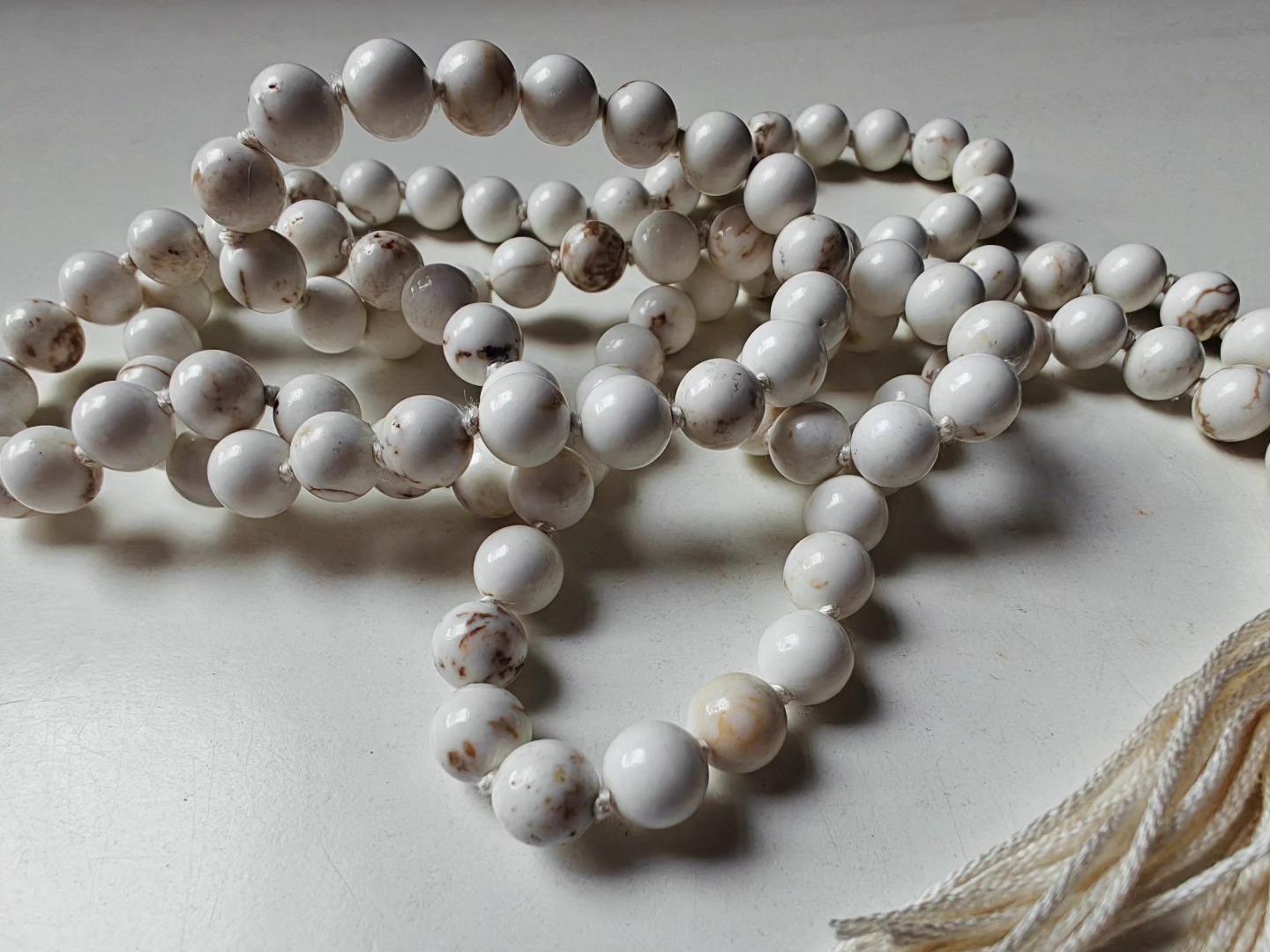 108 bead 8mm Magnesite Mala on Cream Thread - Image 4
