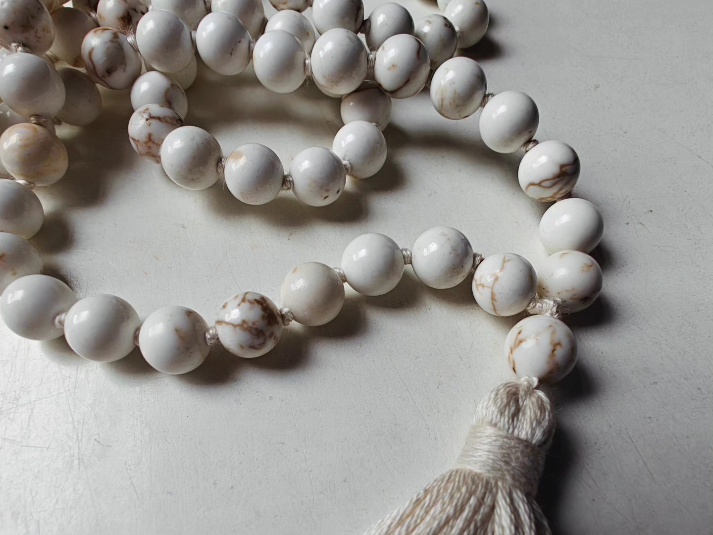 108 bead 8mm Magnesite Mala on Cream Thread - Image 7