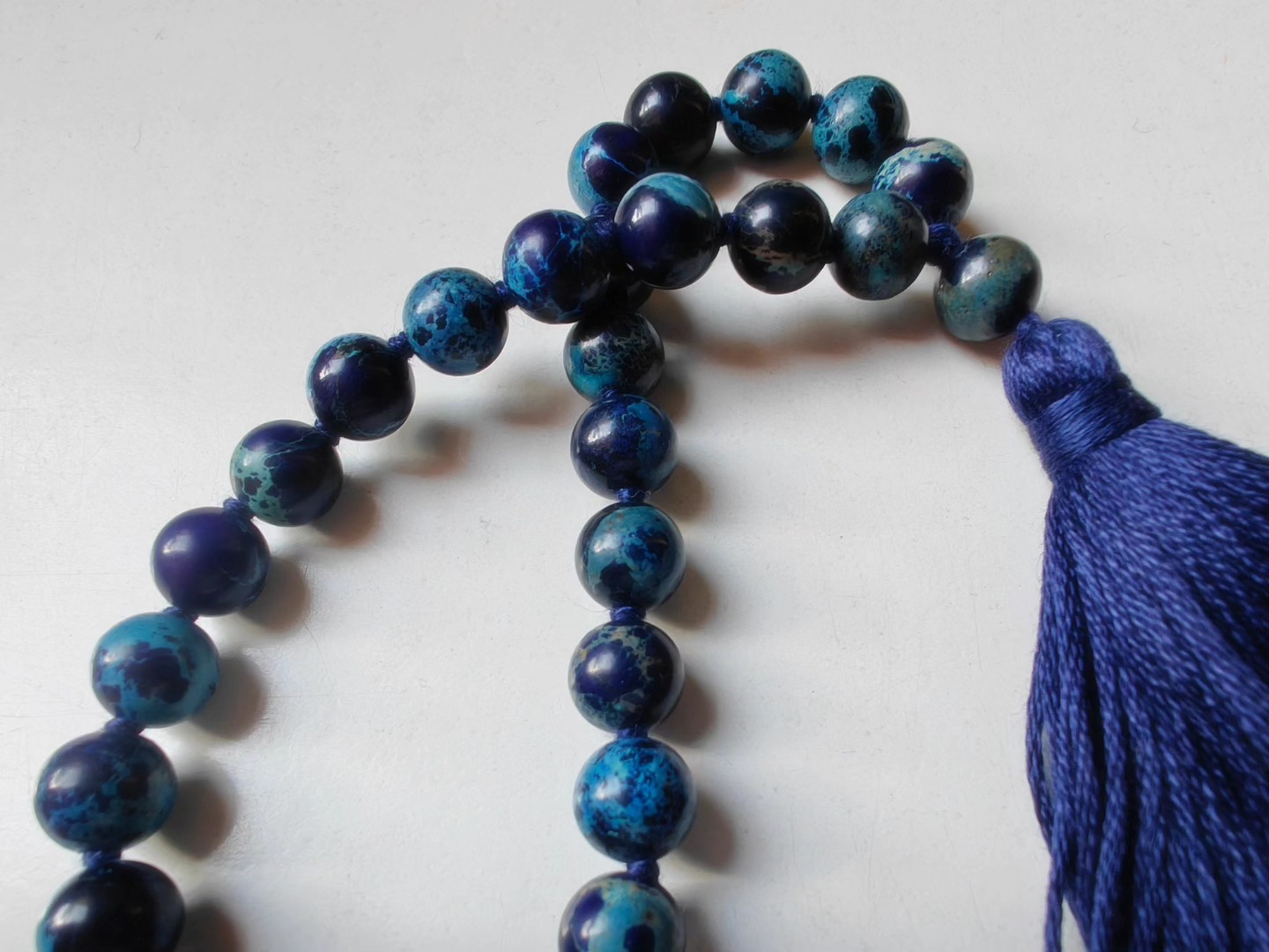 27 bead 8mm Stormy Navy Blue Imperial / Sea Sediment Jasper Mala - Image 6