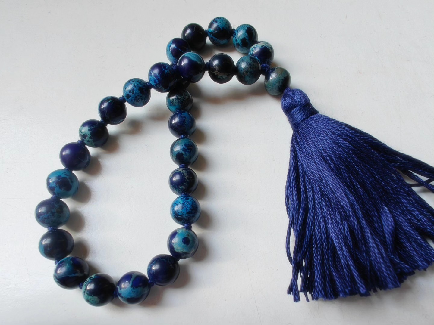 27 bead 8mm Stormy Navy Blue Imperial / Sea Sediment Jasper Mala - Image 3