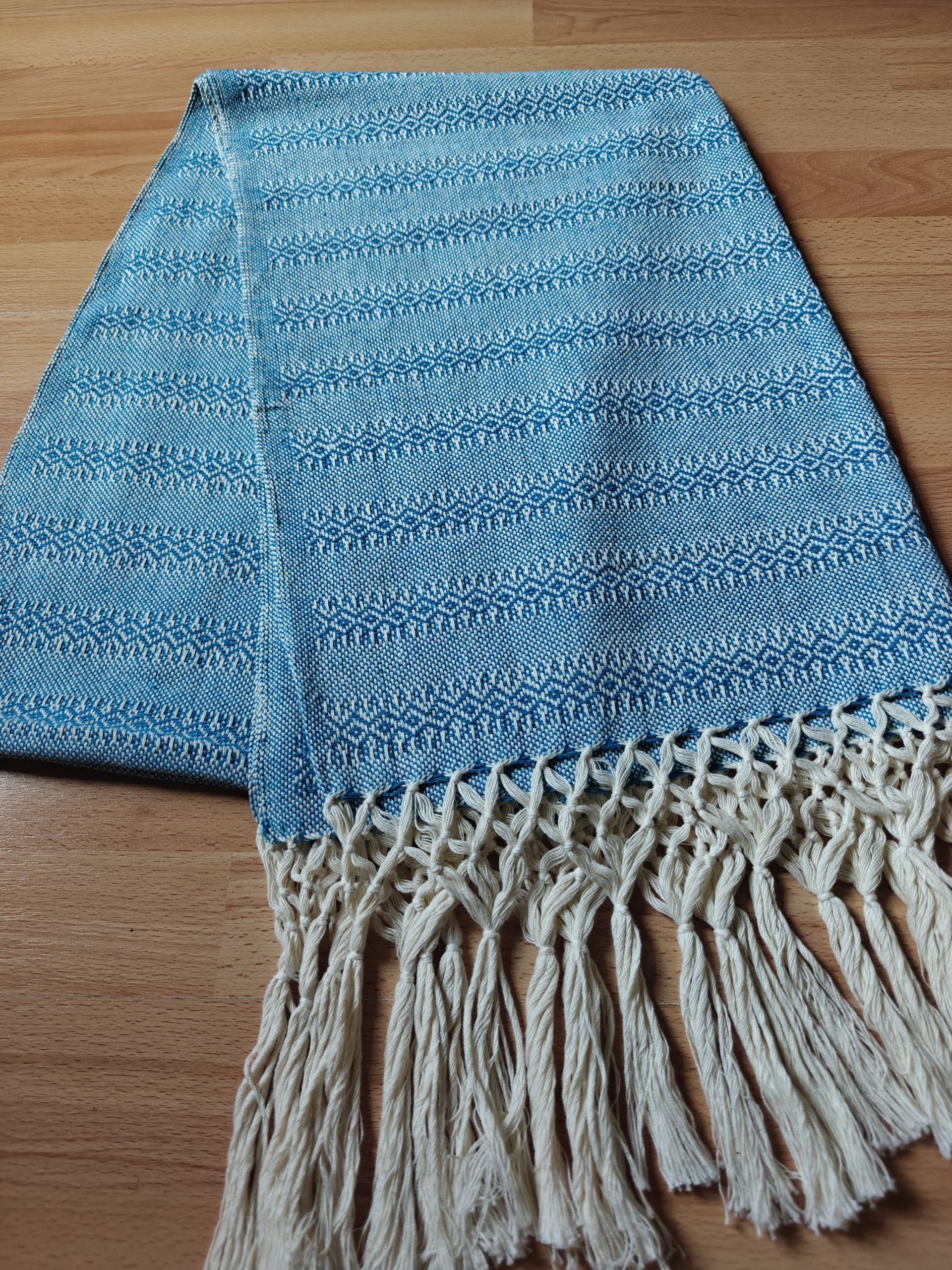 Close Weave Rebozos 2 meter Rhomboid pattern Cream Weft w/ simpler tassels - Image 4