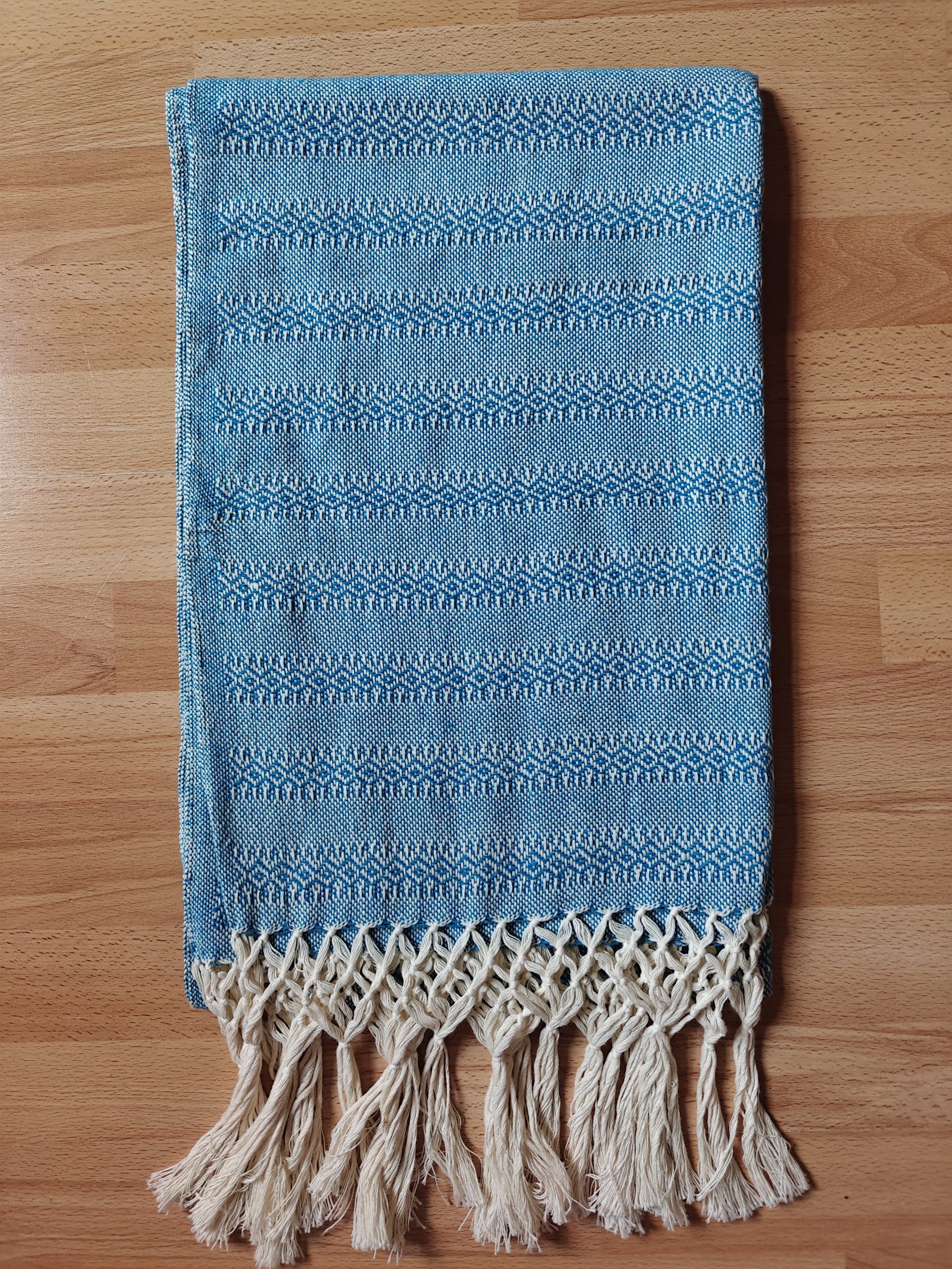 Close Weave Rebozos 2 meter Rhomboid pattern Cream Weft w/ simpler tassels - Image 3