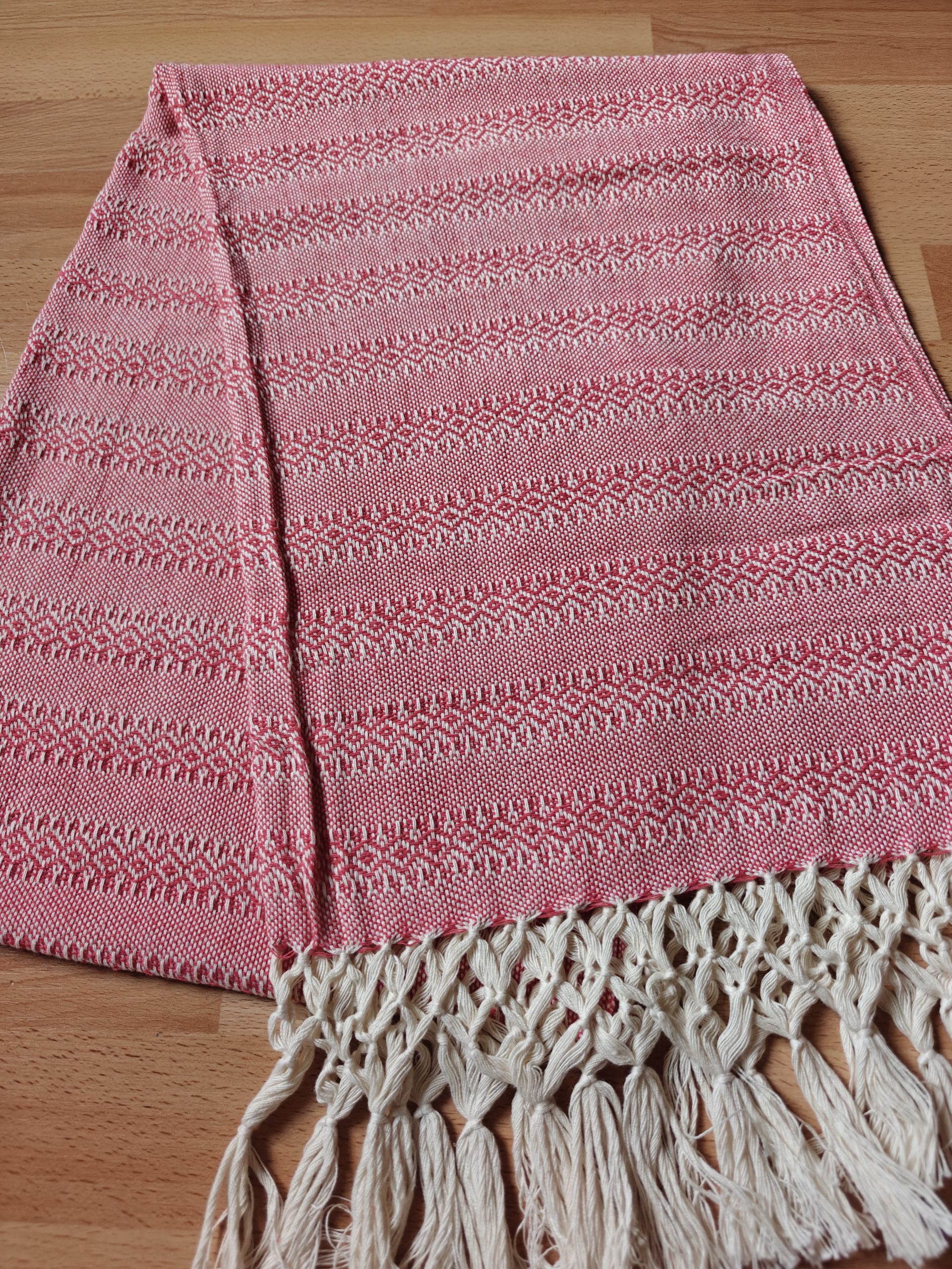 Close Weave Rebozos 2 meter Rhomboid pattern Cream Weft w/ simpler tassels - Image 7