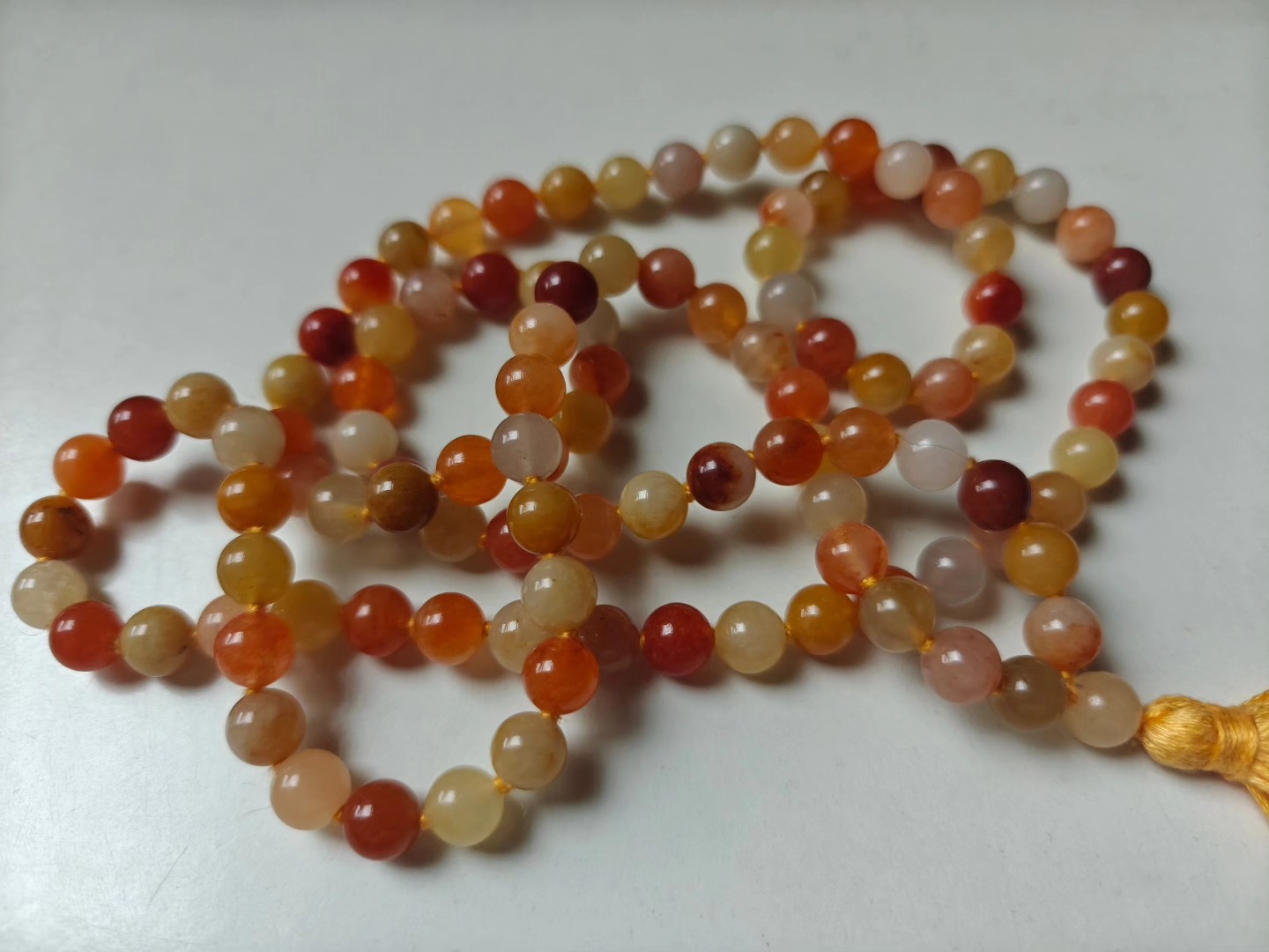 108 bead 8mm Golden Jade Mala on Yellow Thread - Image 9