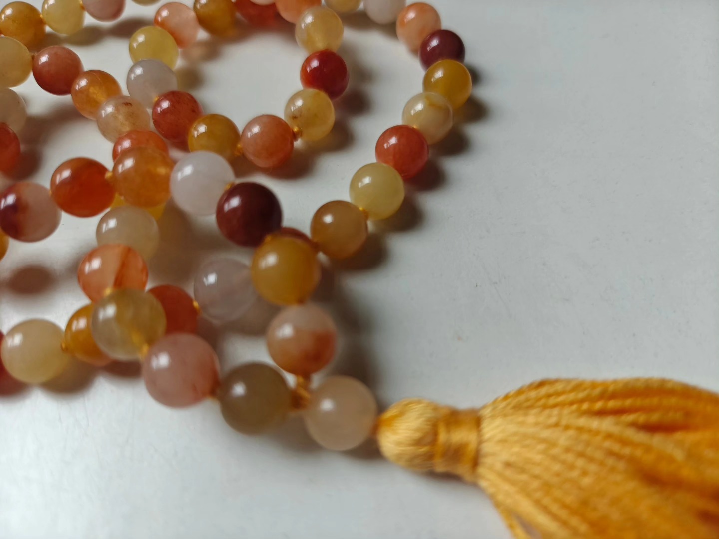 108 bead 8mm Golden Jade Mala on Yellow Thread - Image 5