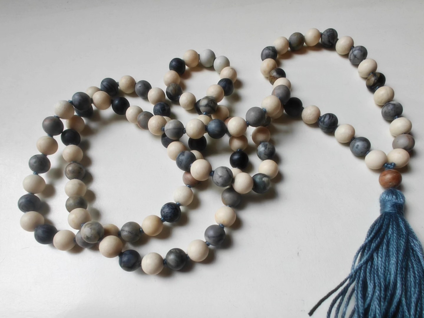 108 bead 8mm Matte Cream Fossil Jasper & Matte Grey-cream-brown Picasso Jasper/Picasso Marble Mala - Image 9