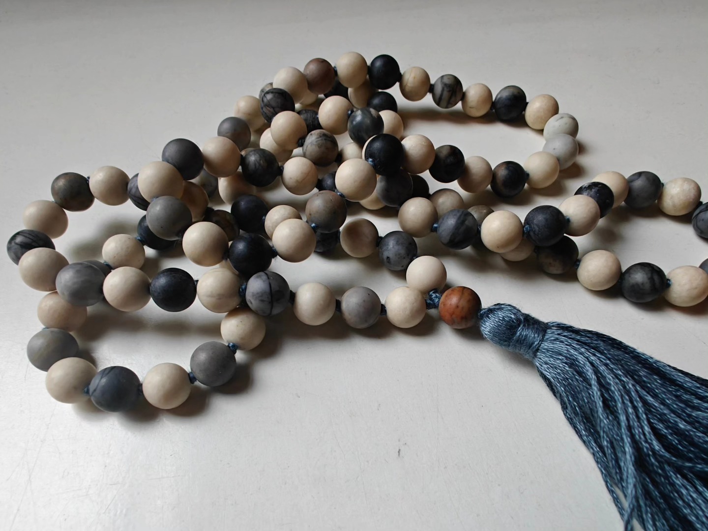 108 bead 8mm Matte Cream Fossil Jasper & Matte Grey-cream-brown Picasso Jasper/Picasso Marble Mala - Image 11