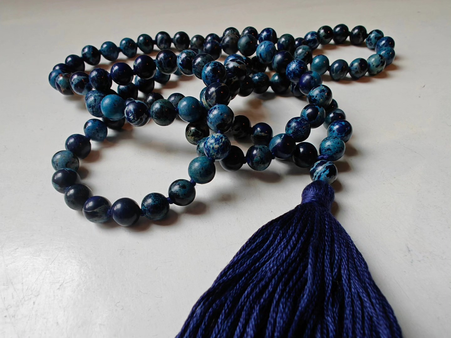 108 bead 8mm Stormy Navy Blue Imperial / Sea Sediment Jasper Mala - lower grade - Image 5