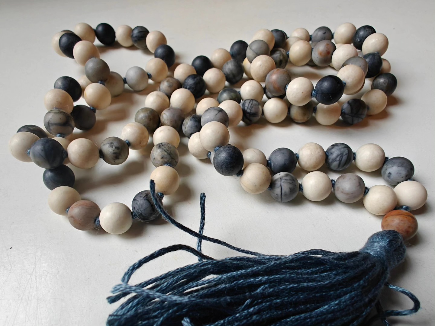 108 bead 8mm Matte Cream Fossil Jasper & Matte Grey-cream-brown Picasso Jasper/Picasso Marble Mala