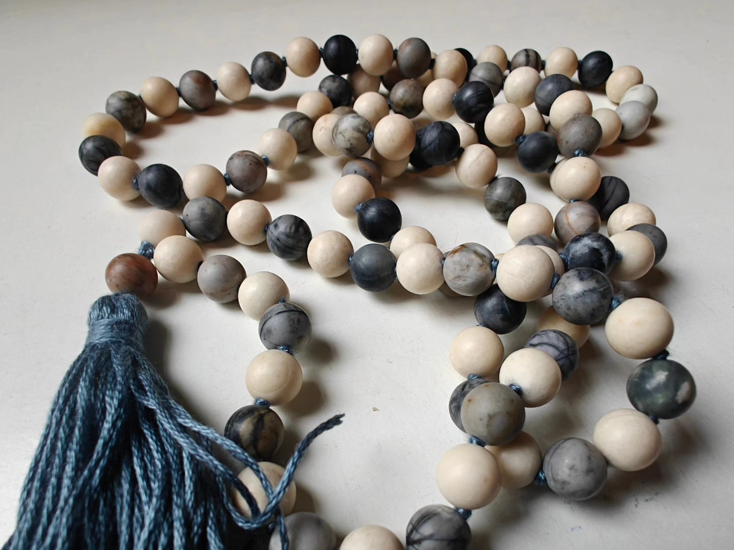 108 bead 8mm Matte Cream Fossil Jasper & Matte Grey-cream-brown Picasso Jasper/Picasso Marble Mala - Image 3
