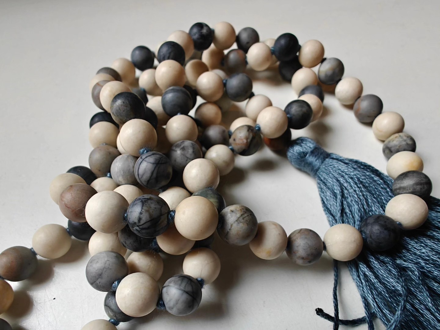 108 bead 8mm Matte Cream Fossil Jasper & Matte Grey-cream-brown Picasso Jasper/Picasso Marble Mala - Image 5