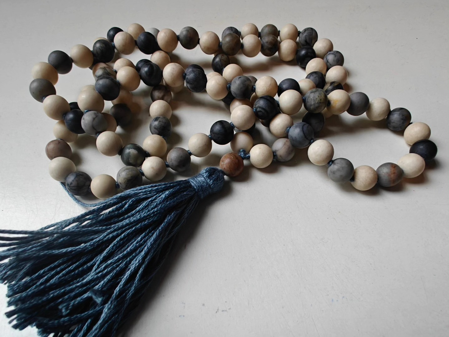 108 bead 8mm Matte Cream Fossil Jasper & Matte Grey-cream-brown Picasso Jasper/Picasso Marble Mala - Image 14