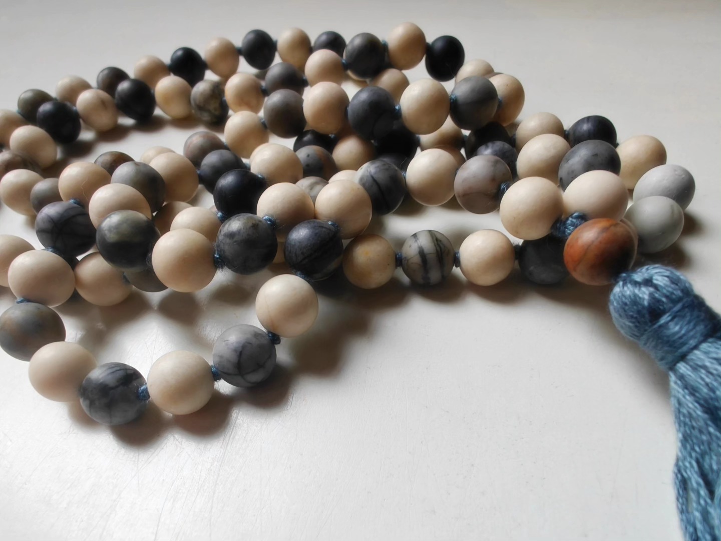108 bead 8mm Matte Cream Fossil Jasper & Matte Grey-cream-brown Picasso Jasper/Picasso Marble Mala - Image 8