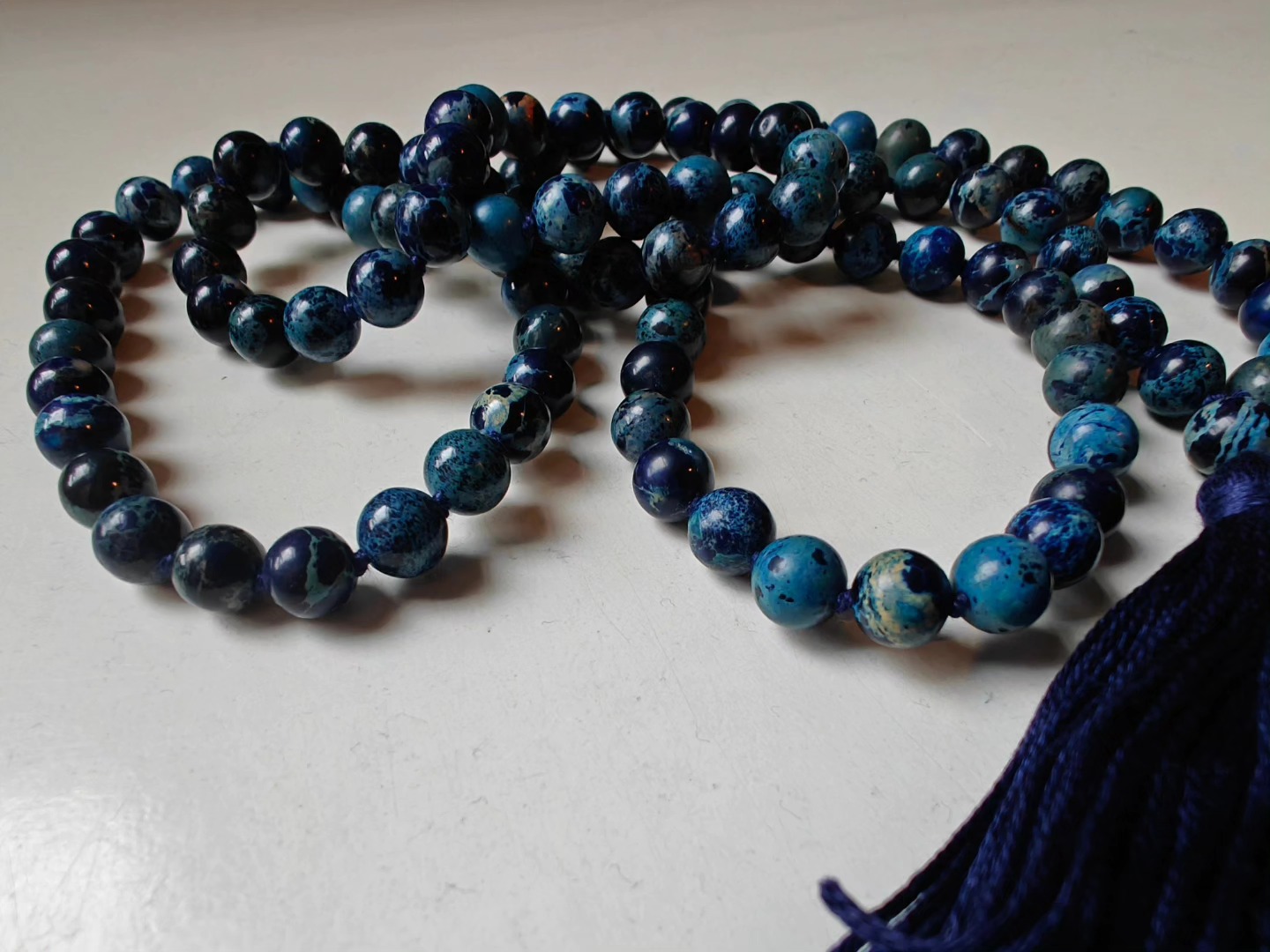 108 bead 8mm Stormy Navy Blue Imperial / Sea Sediment Jasper Mala - lower grade - Image 6