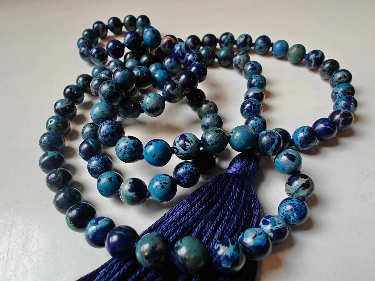 108 bead 8mm Stormy Navy Blue Imperial / Sea Sediment Jasper Mala - lower grade - Image 3