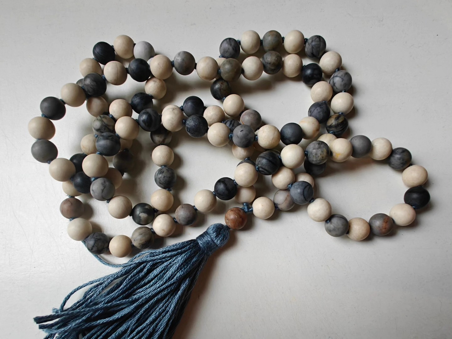108 bead 8mm Matte Cream Fossil Jasper & Matte Grey-cream-brown Picasso Jasper/Picasso Marble Mala - Image 16
