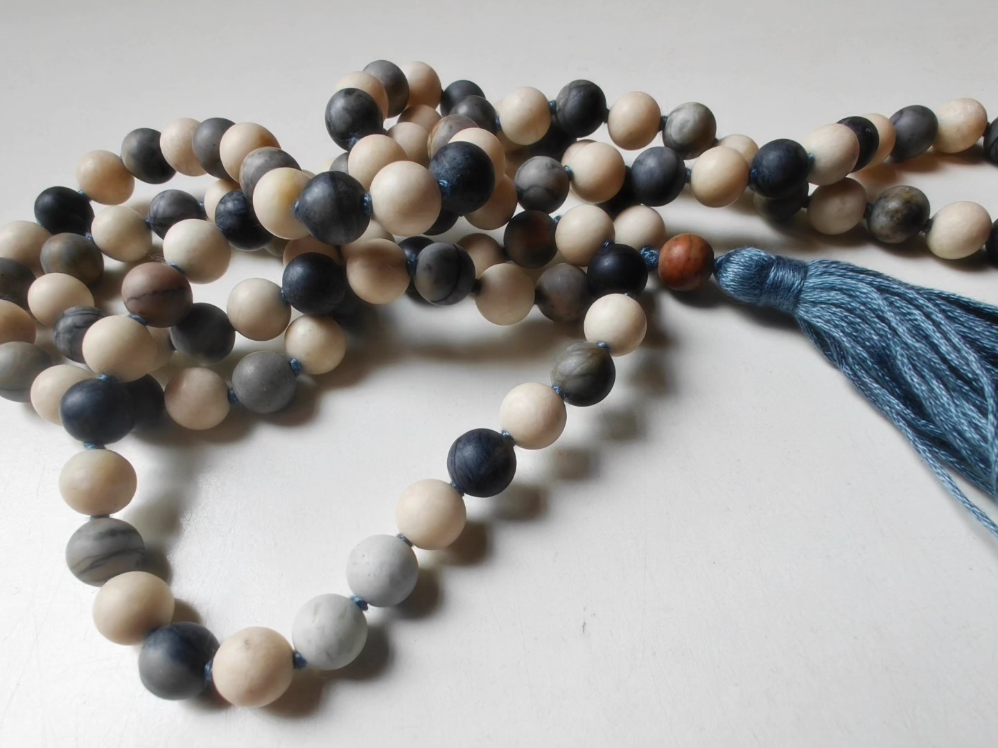 108 bead 8mm Matte Cream Fossil Jasper & Matte Grey-cream-brown Picasso Jasper/Picasso Marble Mala - Image 13