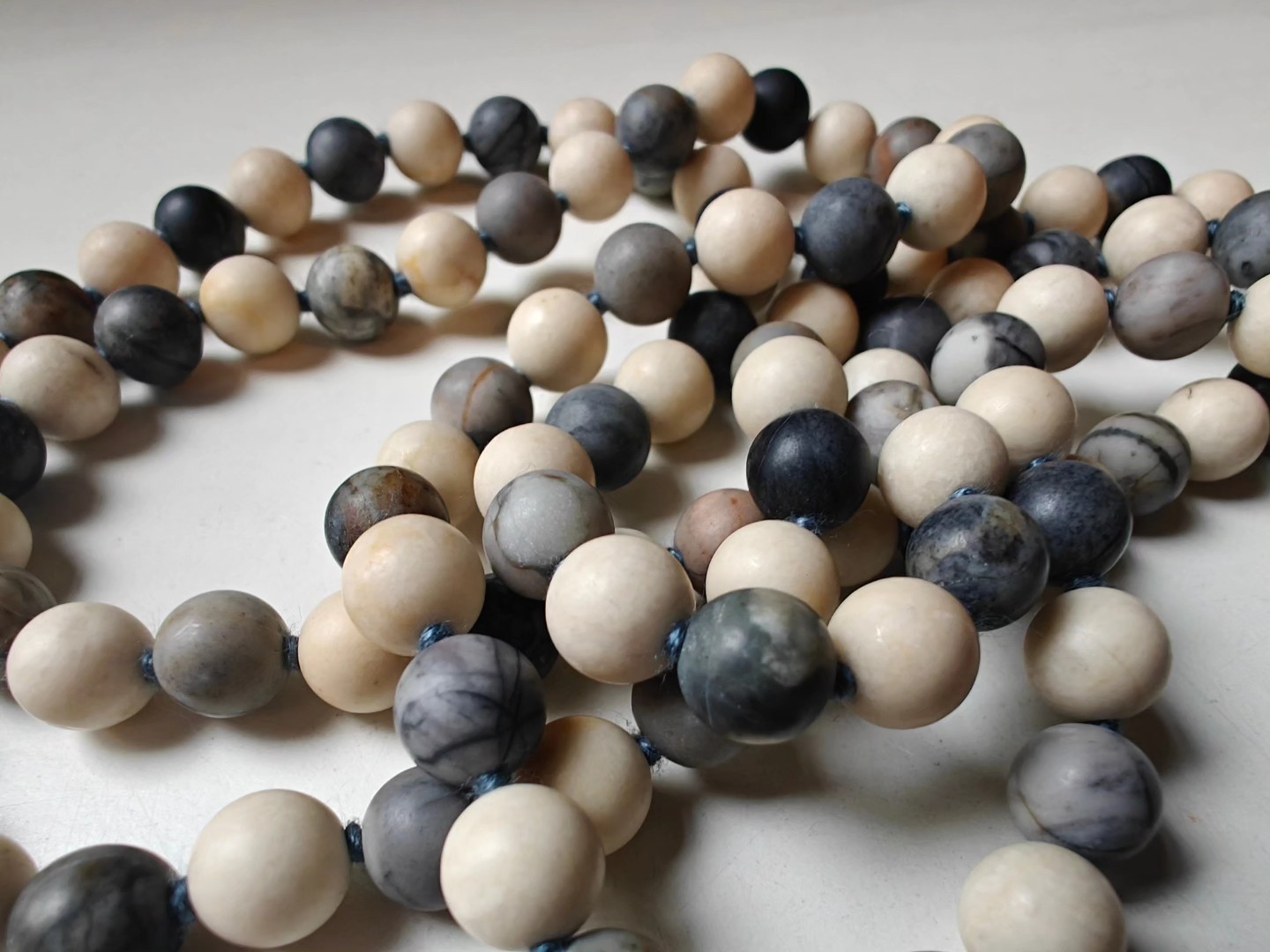108 bead 8mm Matte Cream Fossil Jasper & Matte Grey-cream-brown Picasso Jasper/Picasso Marble Mala - Image 4