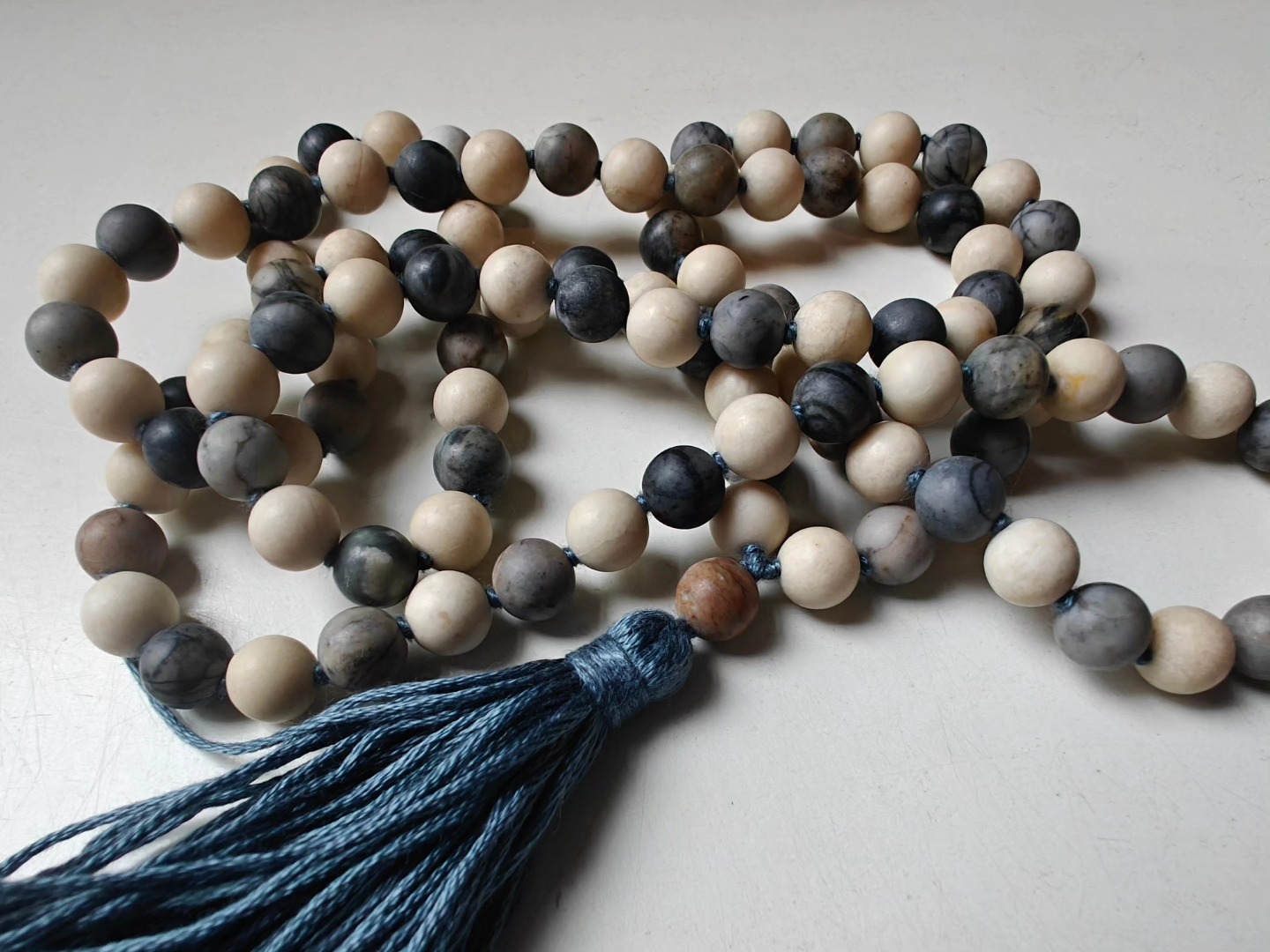 108 bead 8mm Matte Cream Fossil Jasper & Matte Grey-cream-brown Picasso Jasper/Picasso Marble Mala - Image 15