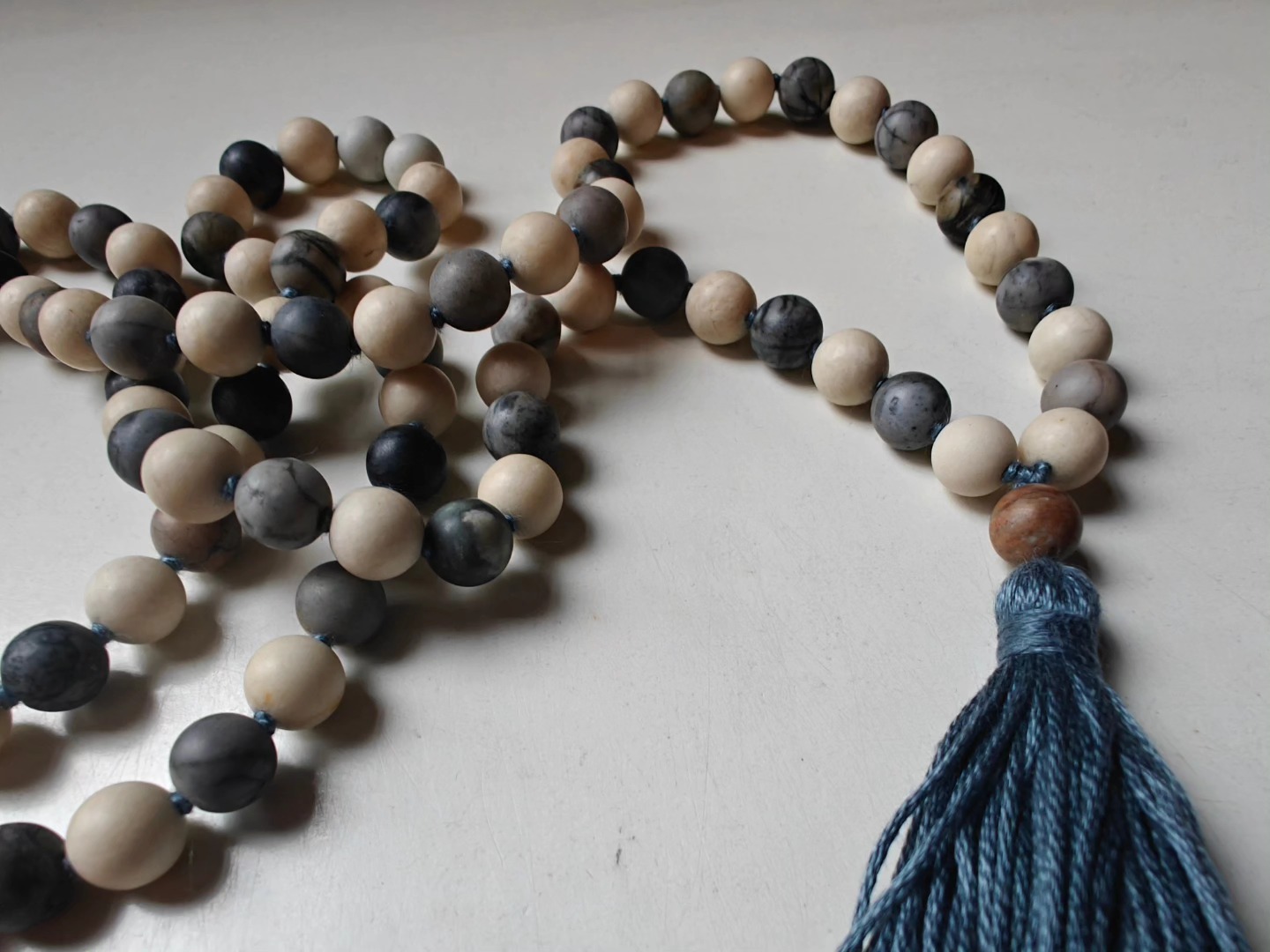 108 bead 8mm Matte Cream Fossil Jasper & Matte Grey-cream-brown Picasso Jasper/Picasso Marble Mala - Image 12
