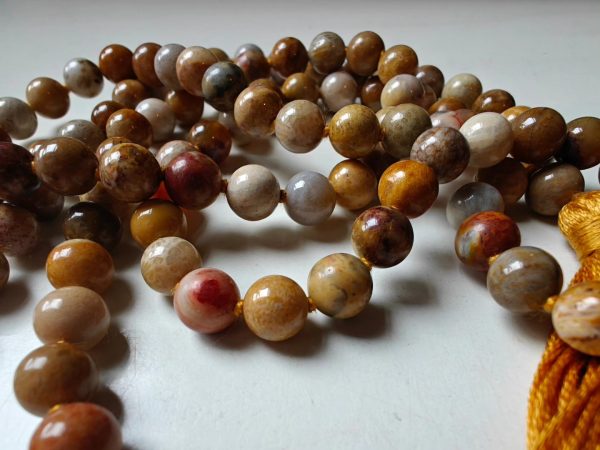 108 bead 8mm Agatized Fossil Coral Mala - Image 13