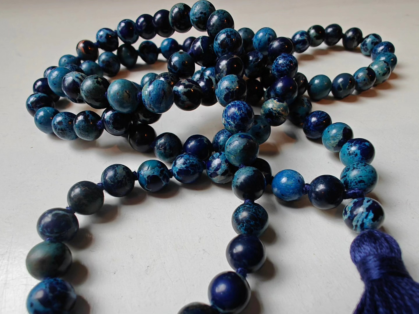 108 bead 8mm Stormy Navy Blue Imperial / Sea Sediment Jasper Mala - lower grade - Image 8