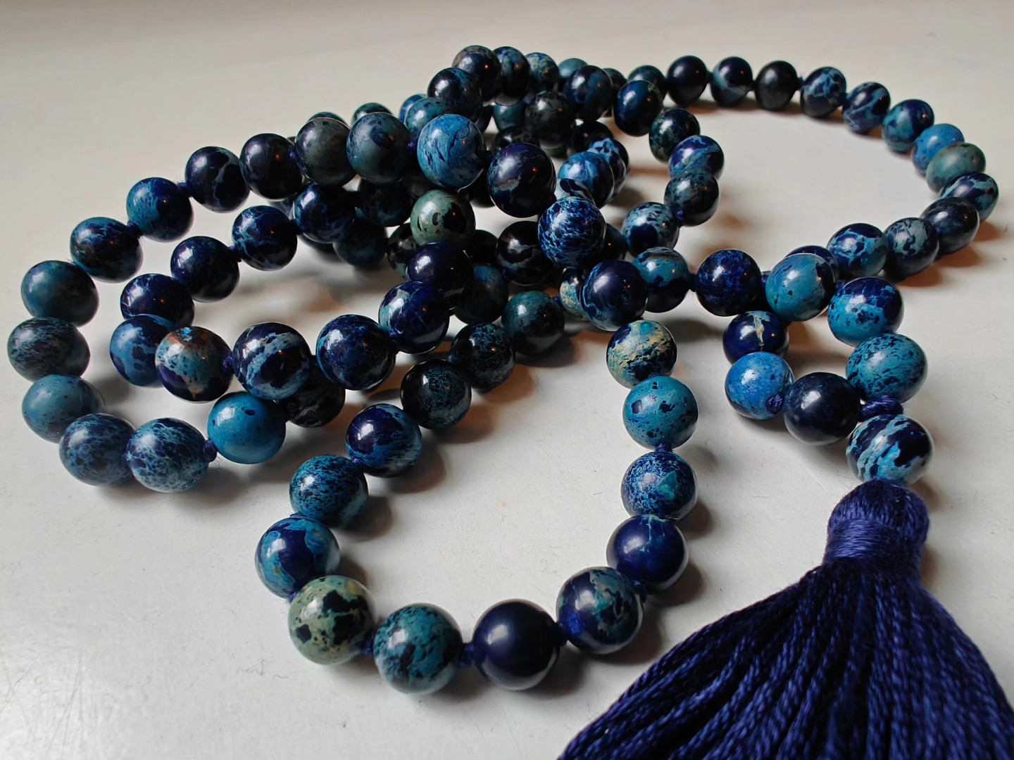 108 bead 8mm Stormy Navy Blue Imperial / Sea Sediment Jasper Mala - lower grade