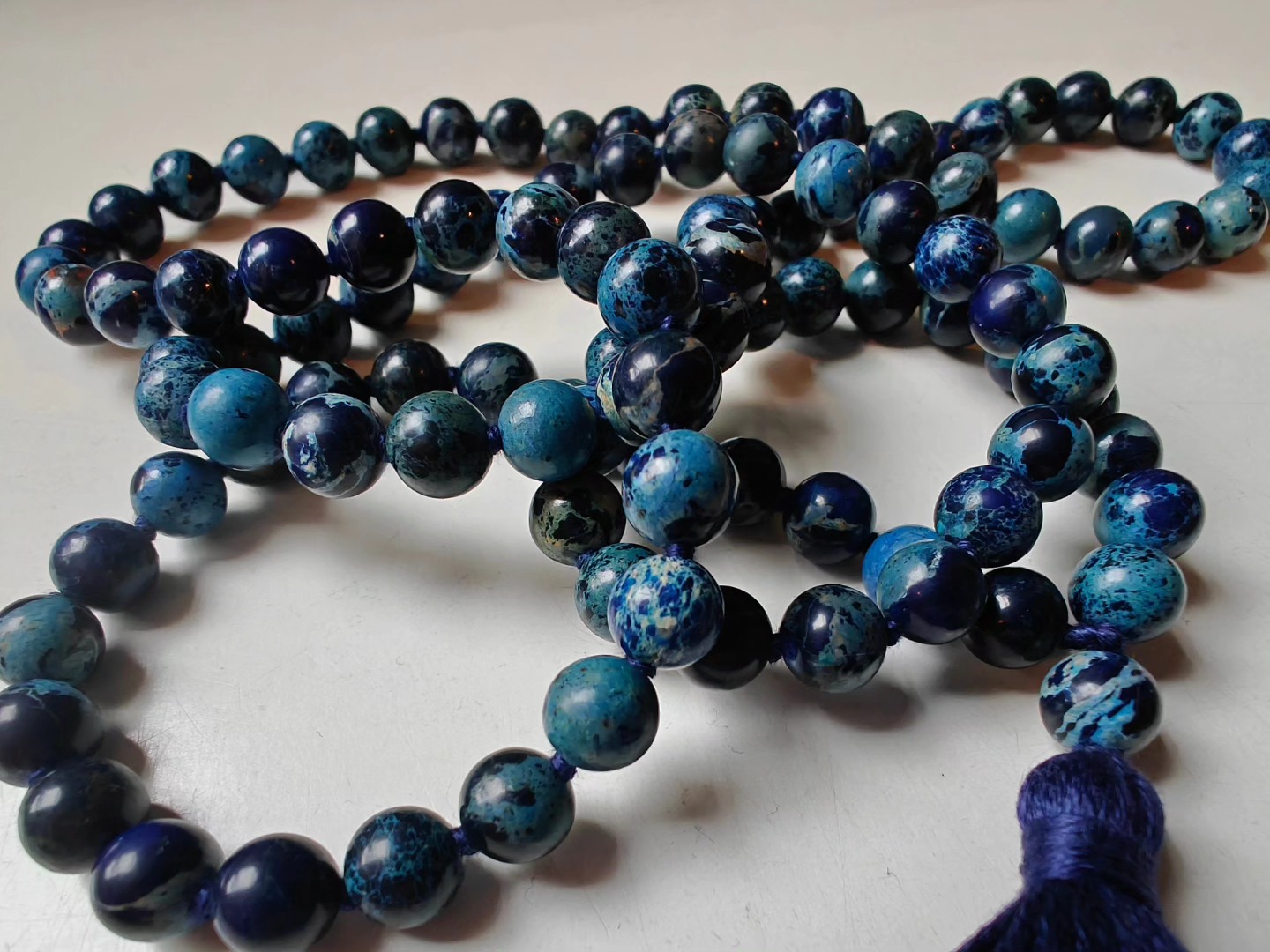 108 bead 8mm Stormy Navy Blue Imperial / Sea Sediment Jasper Mala - lower grade - Image 4