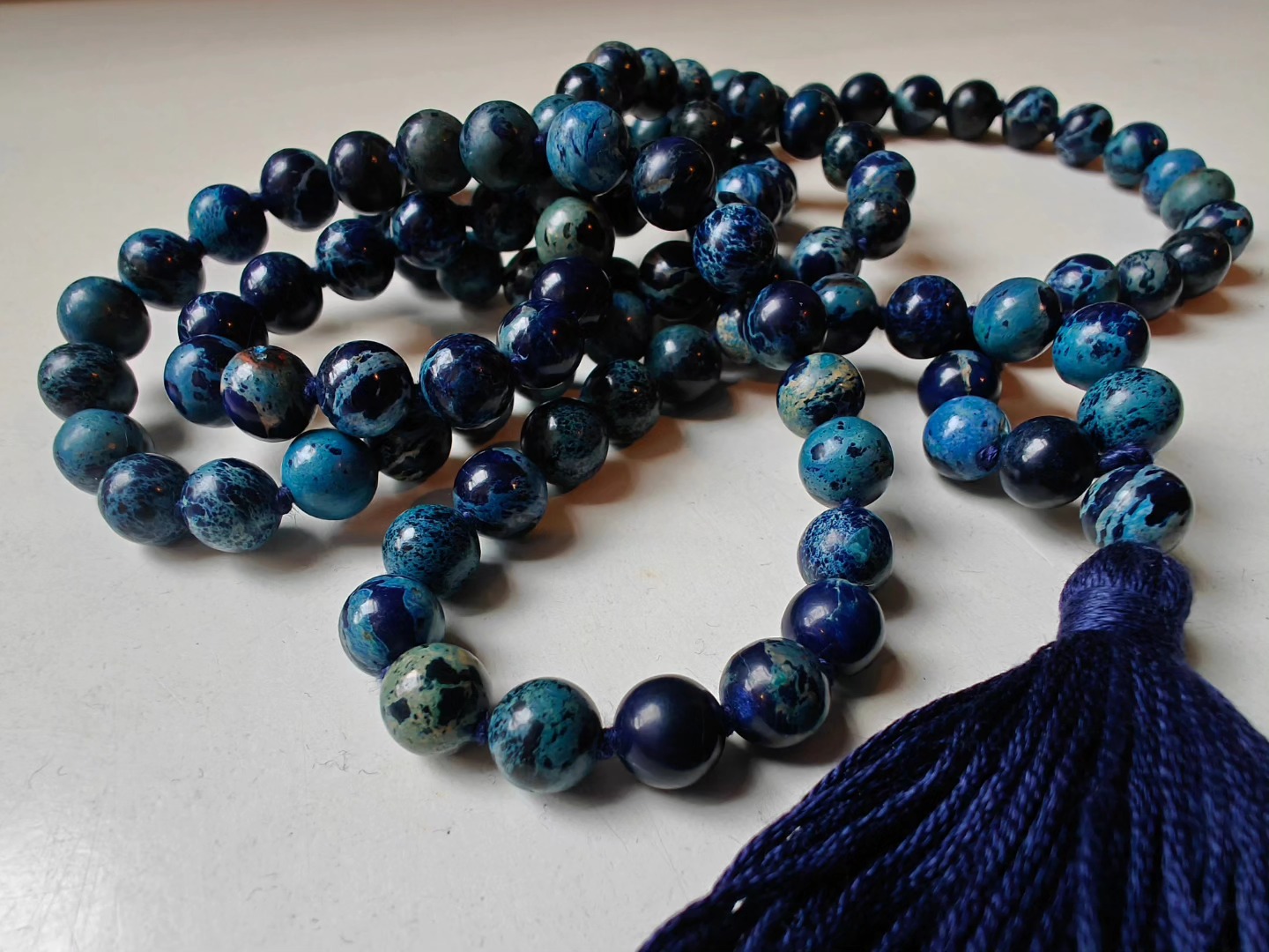 108 bead 8mm Stormy Navy Blue Imperial / Sea Sediment Jasper Mala - lower grade - Image 9