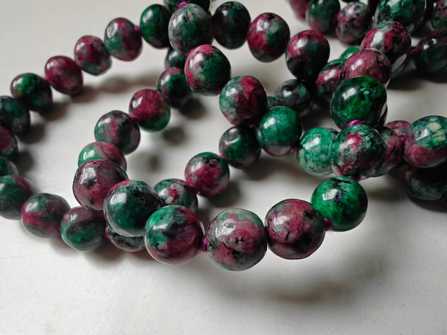 108 bead 8mm Ruby-Zoisite (aka Anyolite) Mala on dark grape coloured thread - Image 9