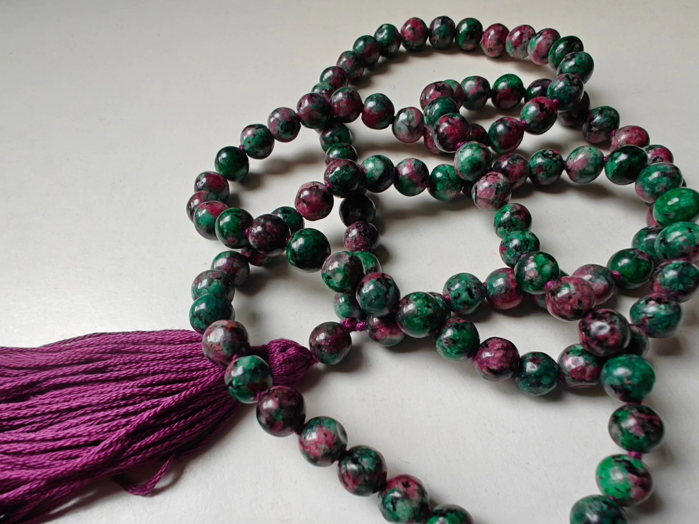 108 bead 8mm Ruby-Zoisite (aka Anyolite) Mala on dark grape coloured thread - Image 11
