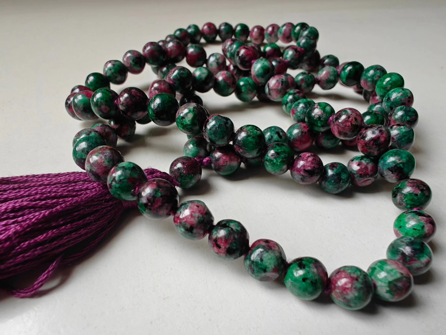 108 bead 8mm Ruby-Zoisite (aka Anyolite) Mala on dark grape coloured thread - Image 10