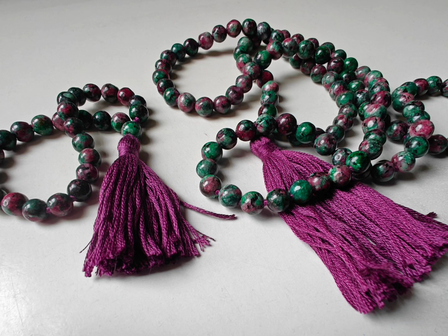 108 bead 8mm Ruby-Zoisite (aka Anyolite) Mala on dark grape coloured thread - Image 14