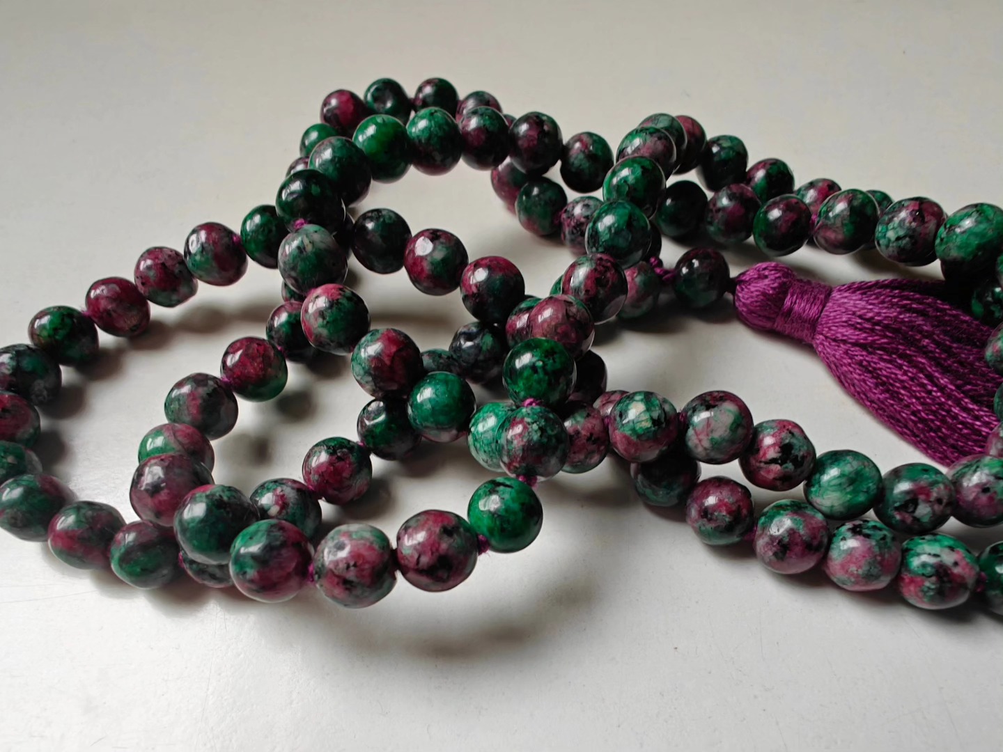 108 bead 8mm Ruby-Zoisite (aka Anyolite) Mala on dark grape coloured thread - Image 12