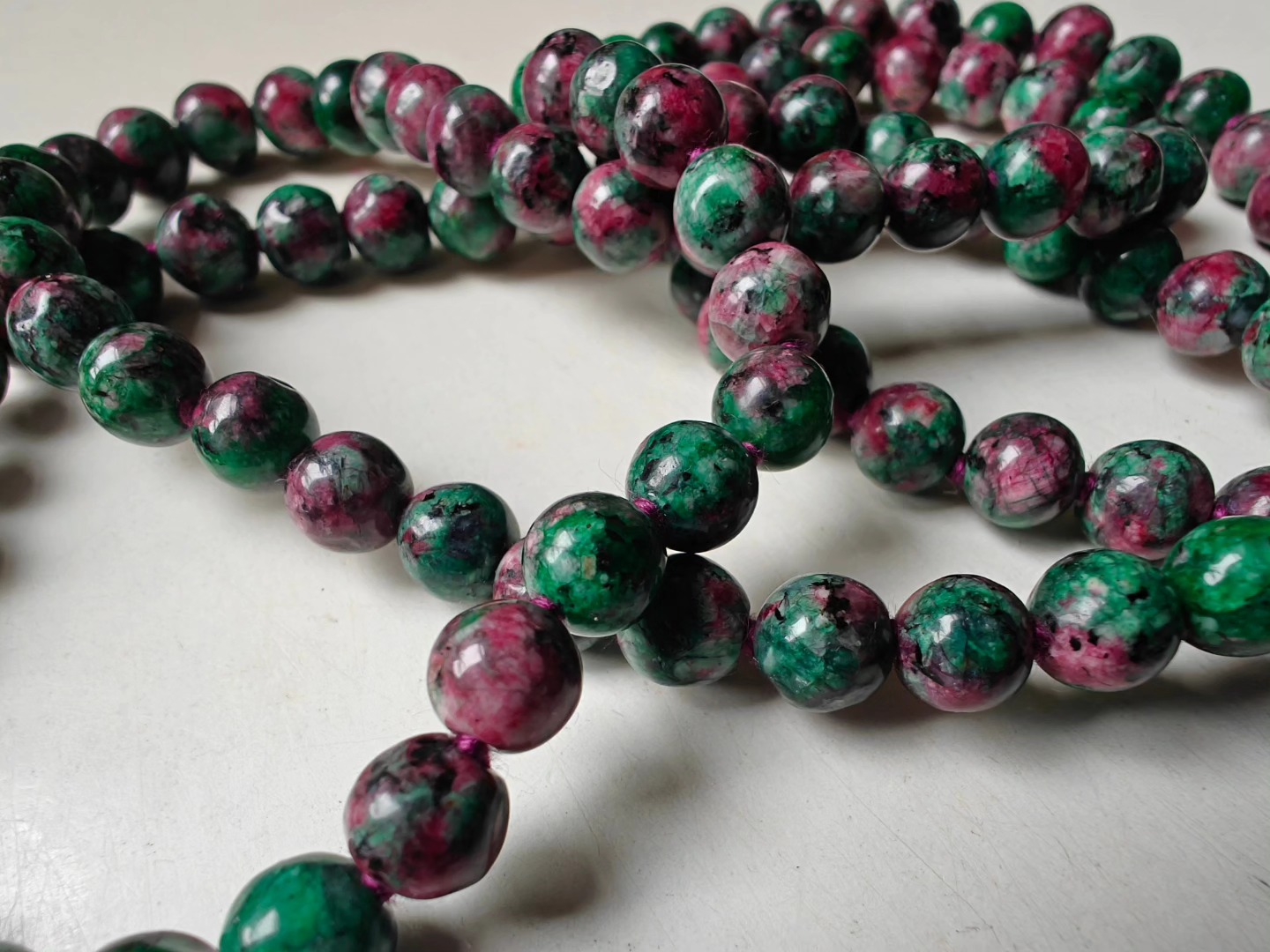 108 bead 8mm Ruby-Zoisite (aka Anyolite) Mala on dark grape coloured thread - Image 5