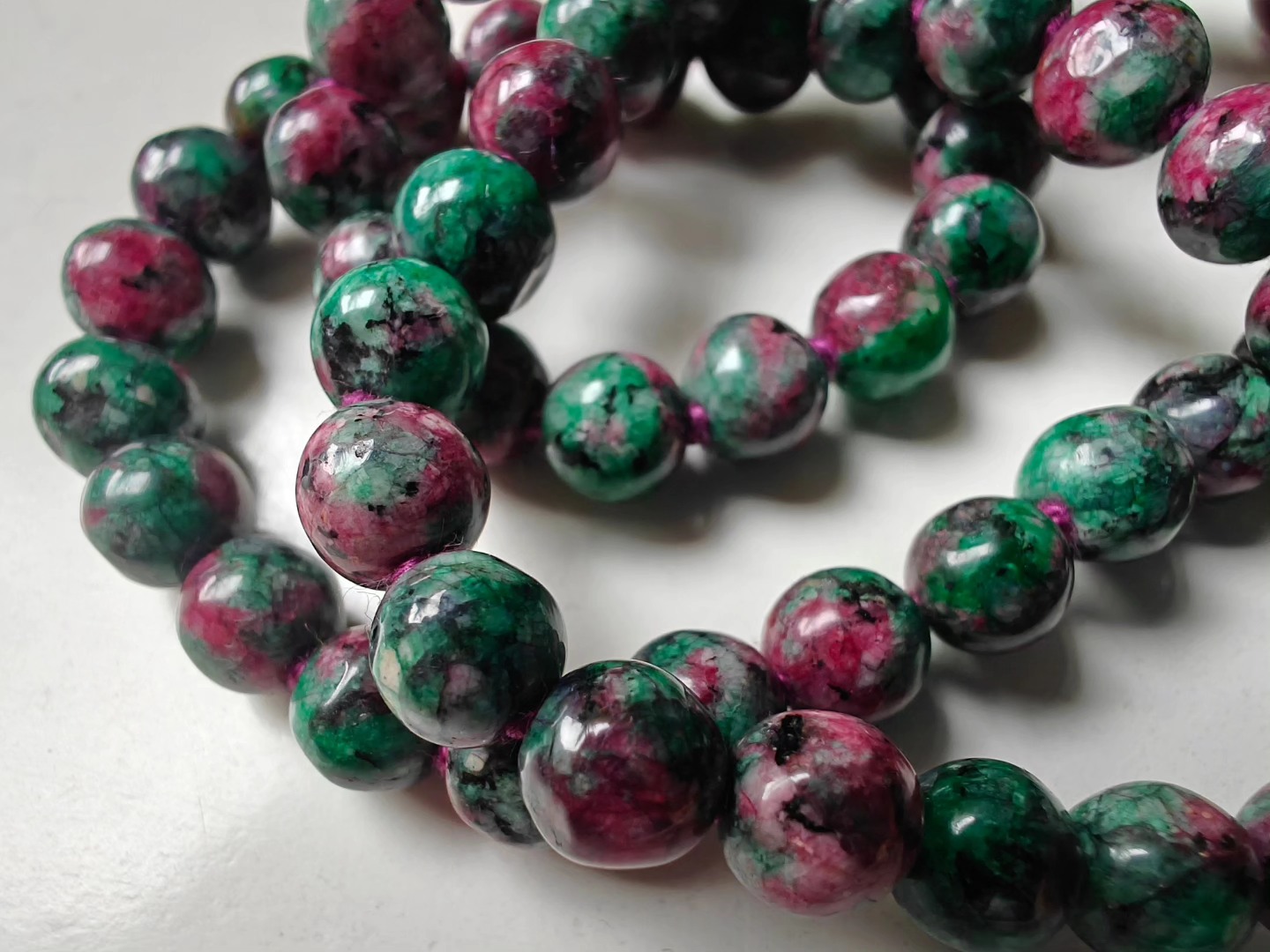108 bead 8mm Ruby-Zoisite (aka Anyolite) Mala on dark grape coloured thread - Image 6