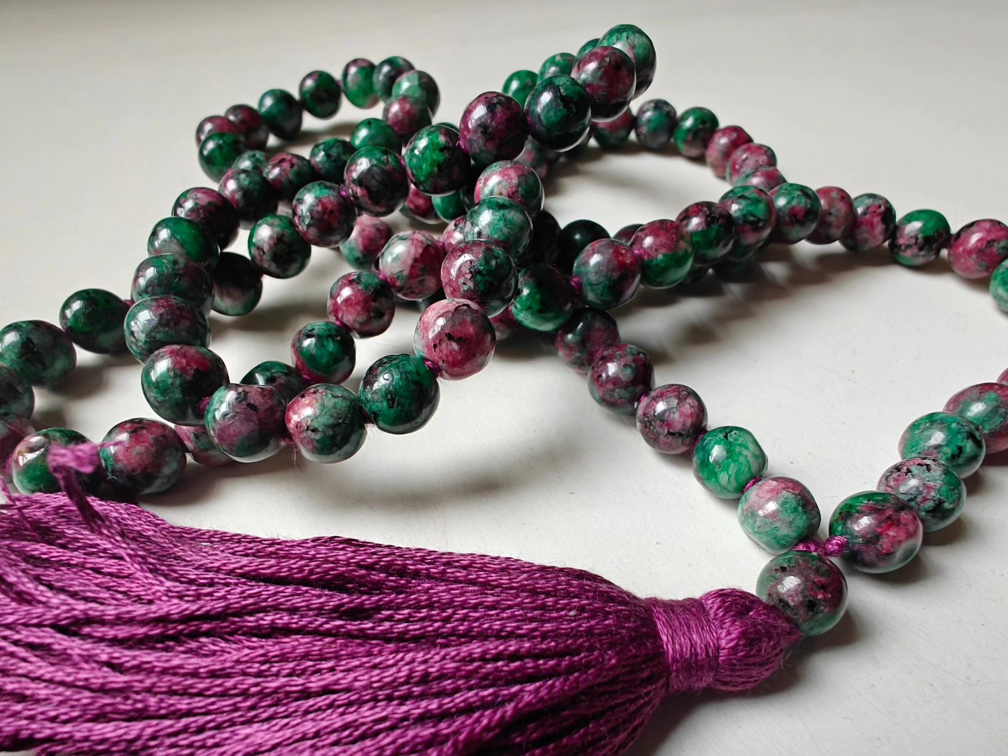 108 bead 8mm Ruby-Zoisite (aka Anyolite) Mala on dark grape coloured thread - Image 3