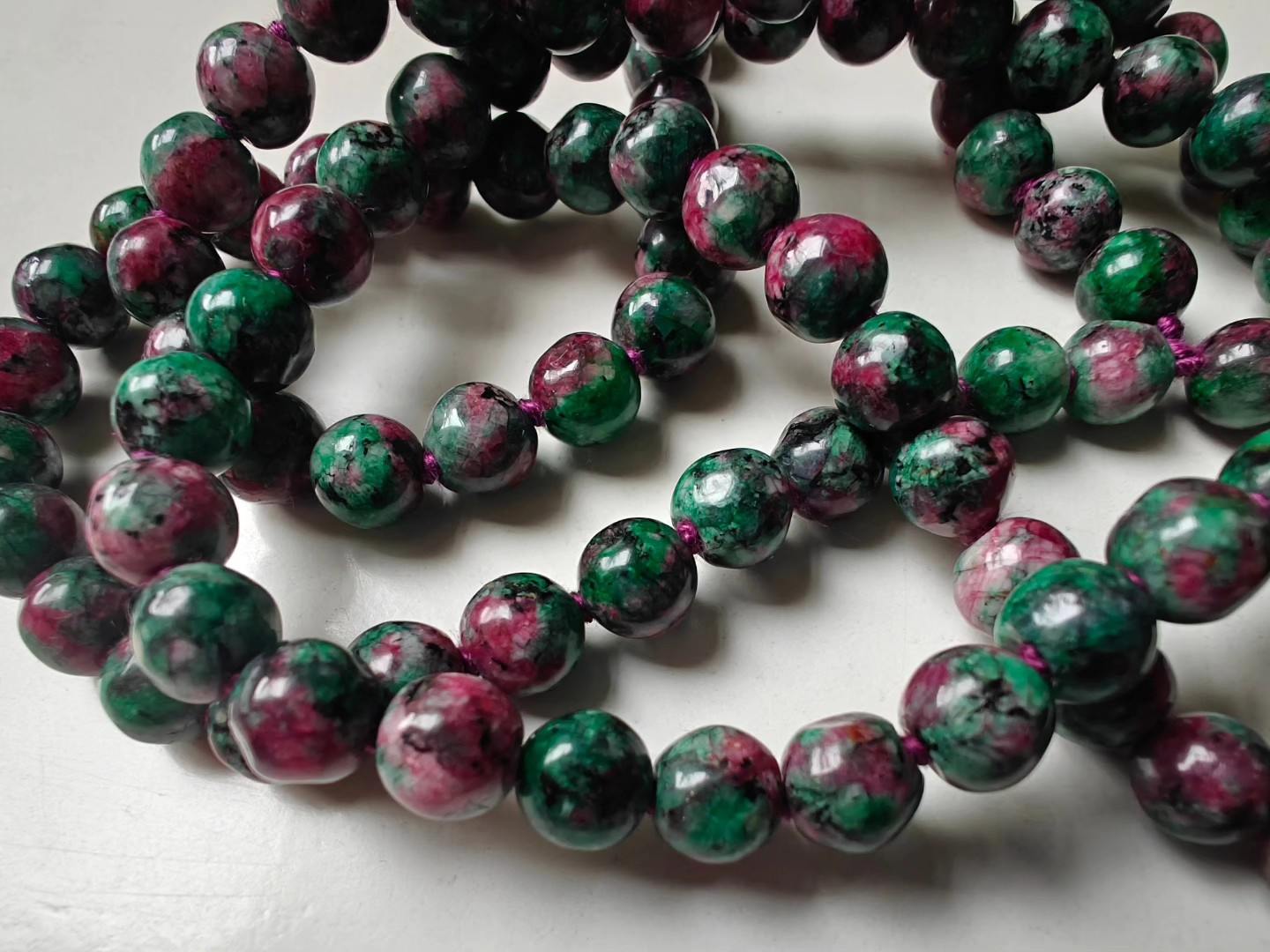 108 bead 8mm Ruby-Zoisite (aka Anyolite) Mala on dark grape coloured thread - Image 13